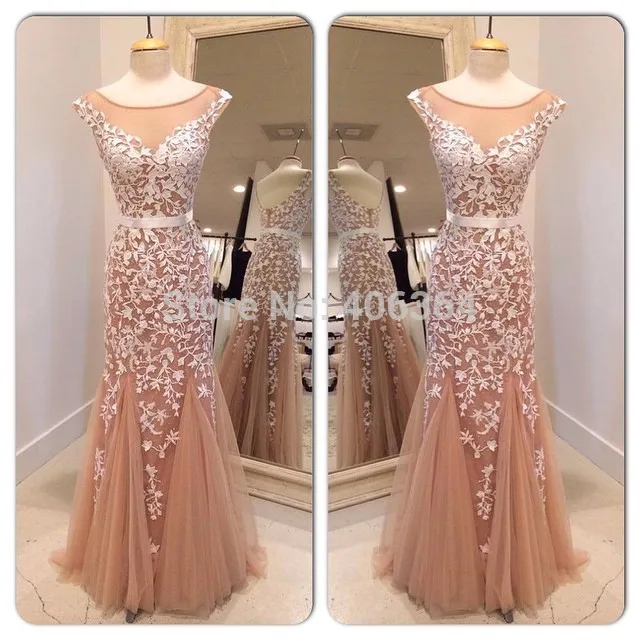 

Real Photo Champagne Tulle Mermaid Evening Dress Sexy Open Back Floor Length Prom Dress With Appliques 2019 New robe de soiree