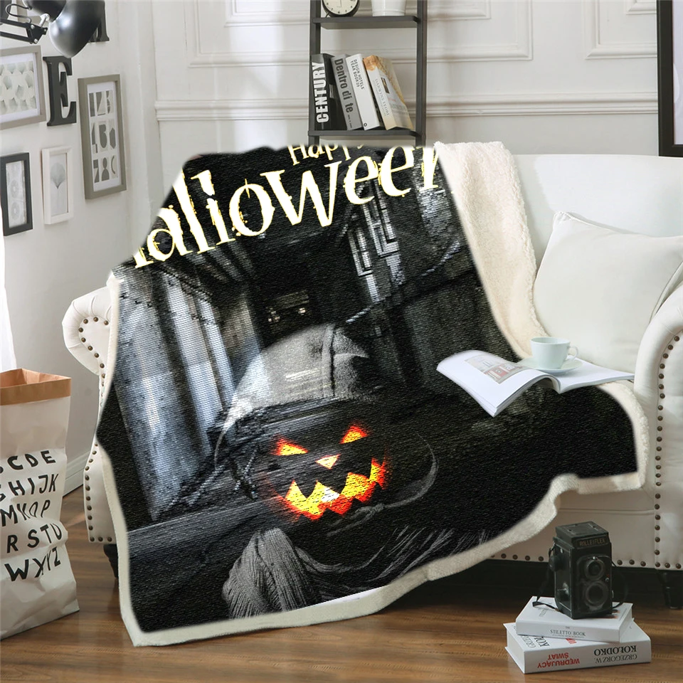 

Happy Halloween Designs Bed Blanket 3D Printed Sherpa Fleece Plush Bedspreads Holiday Gift Throw Blanket