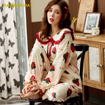 

Pj Set Strawberry Printing Spring Autumn Long Sleeve Long Pants Sleepwear Turn Down Collar Woman Clothes Pajamas for Woman