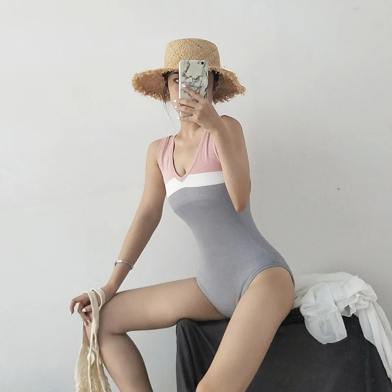 

2018 Korean-style Autumn New Style Retro Contrast Color Joint Slimming-One-piece Bikini Knitted Hot Springs Swimwear Women's
