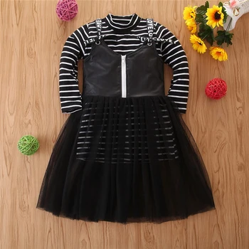 

Fashion Infant Baby Girl Dress Clothes Set Long Sleeve Striped Tops+Strap Lace Tulle Dress Toddler Girls Outfits Set 2-7Y