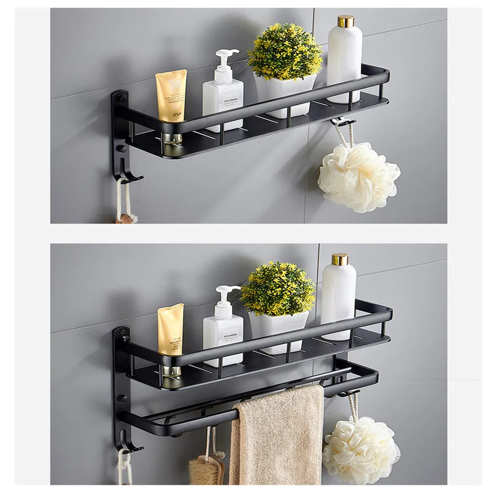 Black Bathroom Shelf Shower Caddy Wall Mounted Kitchen Bath Rack with Bar  Hook Space Aluminum Shelves Organizer Storage etagere