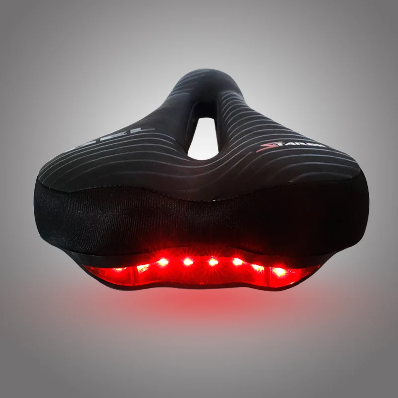 Bicycle Saddle W/ 8 LED Taillight Shock Absorption Gel Intensity Foam Seat PU Leather Comfy Durable Use MTB Road Seat