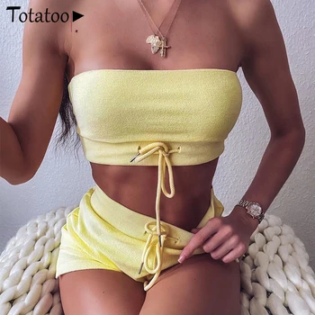 

Totatoop Off Shouler Tube Tops And Shorts Two Piece Set Women 2020 Summer Strapless Outfit Tracksuit Matching Sets Casual Suit