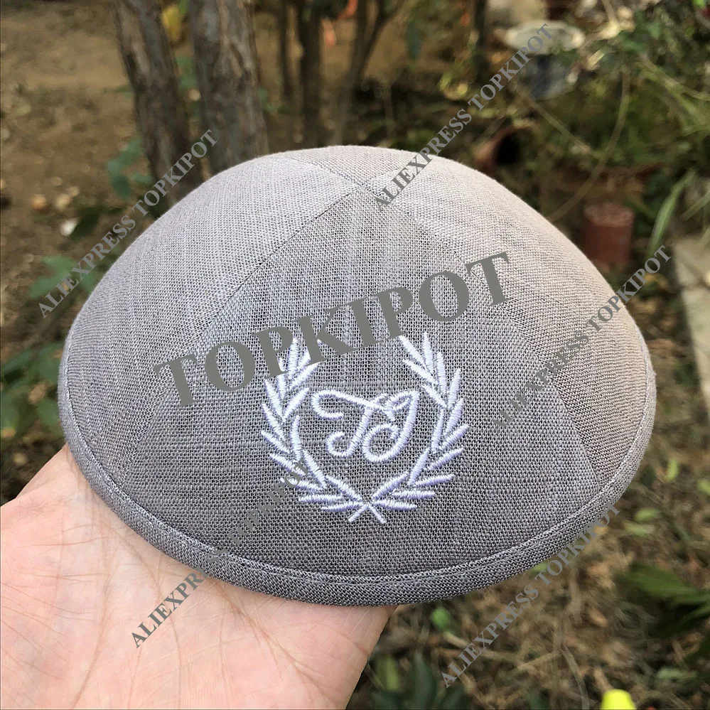 Персонализированные темно-серый лен KIPPAH с белой вышивкой логотипа 21