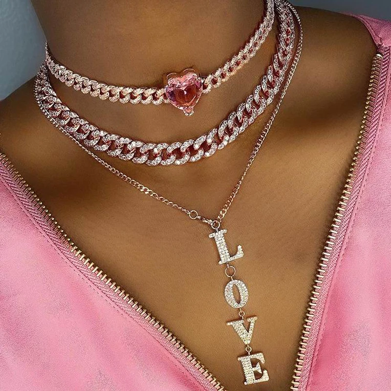 Cuban Link Chain Necklace Lady Hearts, Charm Choker Necklace