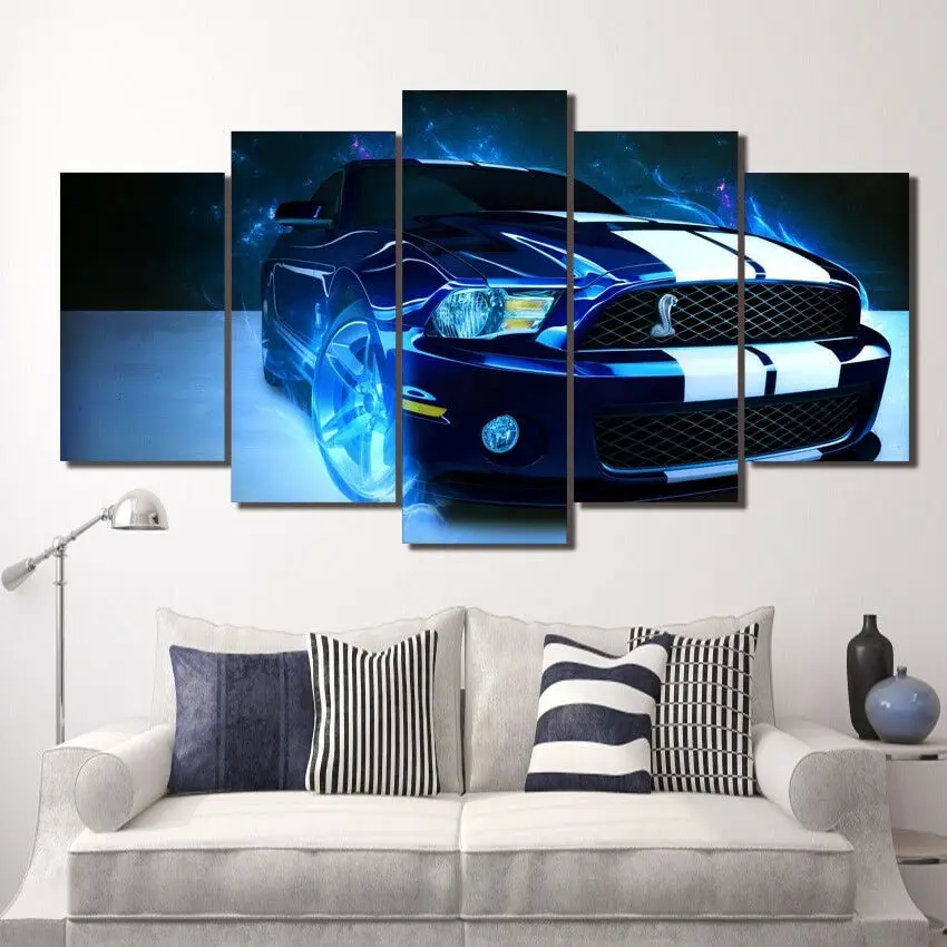 

No Framed Canvas 5 Panel Blue Ford Mustang Shelby Car Modular HD Decorative Wall Art Posters Pictures Home Decor Paintings