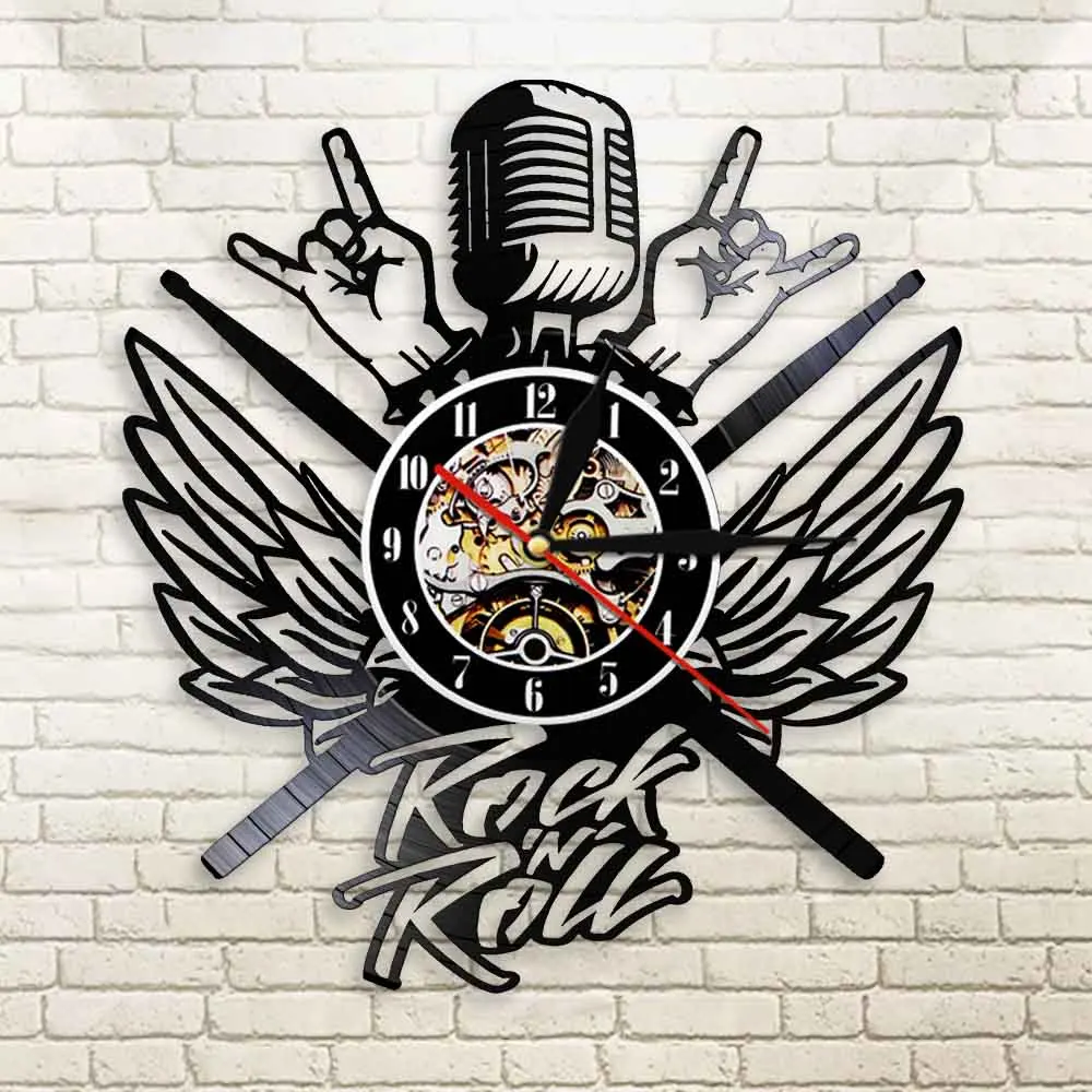 

New CD Vinyl Record Wall Clock Modern Microphone Rock N Roll Design Black Wall Watch Music Band Studio Singer Relogio Parede