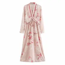 2020 mujeres Vintage cuello pico Estampados de flores vestido de Kimono largo Casual mujer plisado lazo atado Rosa Vestidos Marca Chic Vestidos