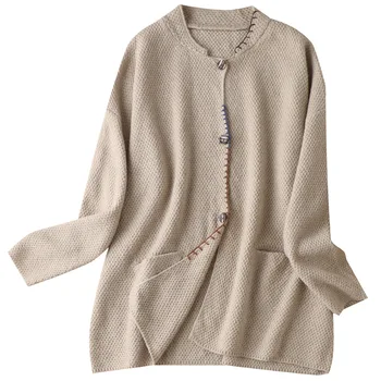 

Wool Mohair Blend Vintage Cardigan Pockets O-Neck Single Breasted Fall Sweaters for Women Winter Knit Sweater Female Oversized