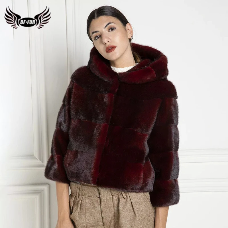 

BFFUR Wine Red Natrual Mink Fur Coat With Hood Women Winter Real Fur Luxury Female Genuine Leather Short Jacket Park With Fur
