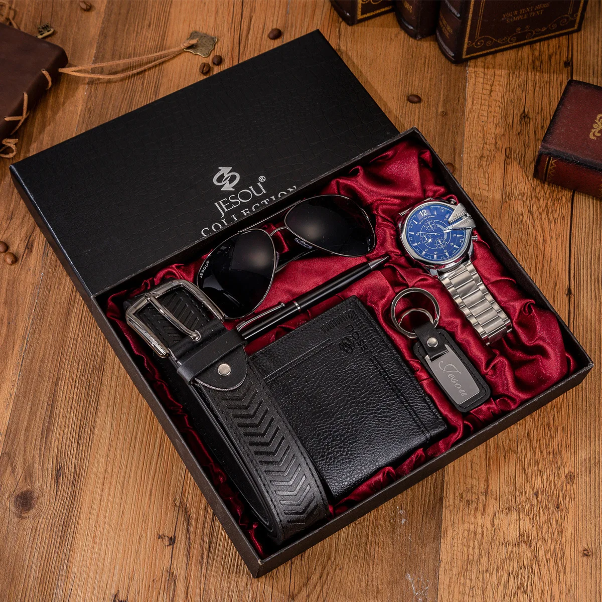 

6 PCS /Set Boutique Gift Set Glasses + Leather Belt + Wallet + Keychain + Large Dial Quartz Watch + Pen