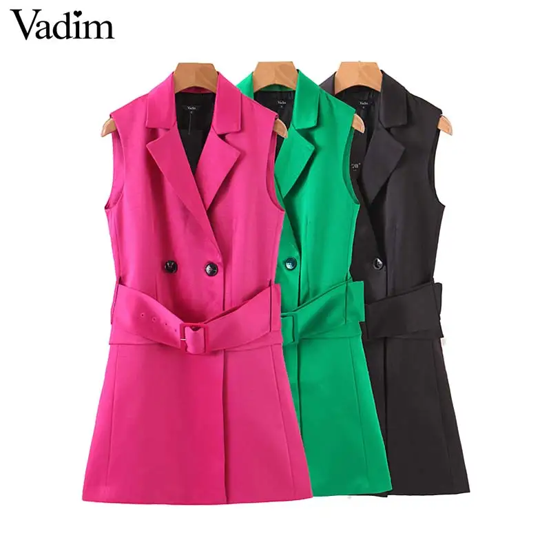 

Vadim women elegant long vest double breast waist sashes solid coat sleeveless pockets decorate office wear outwear top MA032