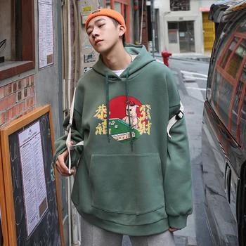 

2019 Men's Cartoon Printing Hooded Hoodies Loose Clothes Pullover Cotton Fashion Coats Casual 5 Color Sweatshirts Plus Size S-XL