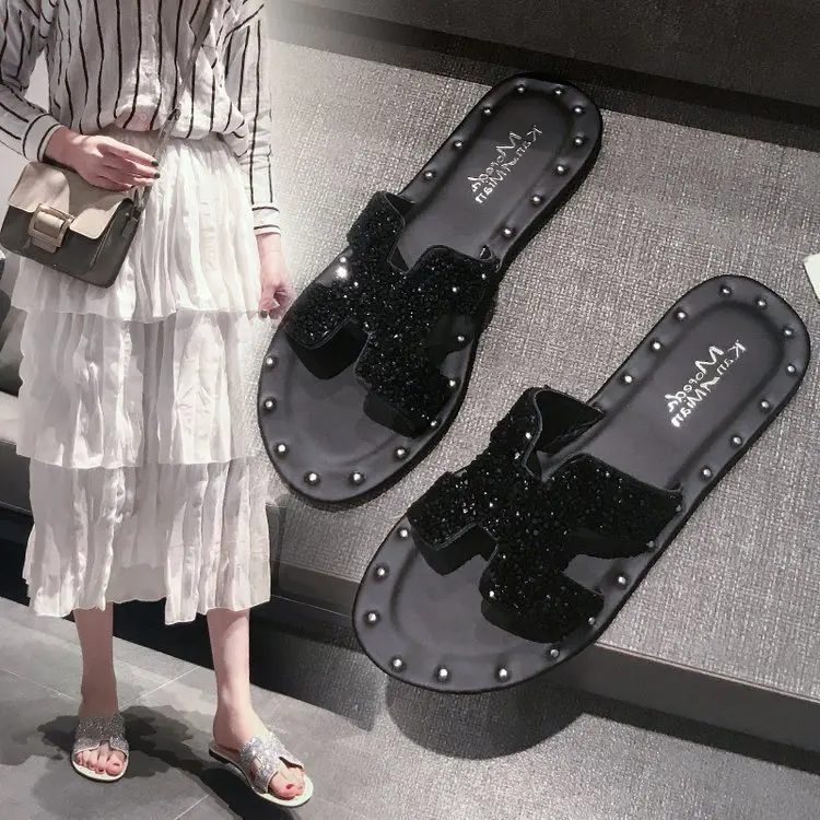 

2019 Summer New Style WOMEN'S Slippers Korean-style Retro Fashion H Drag Man-made Diamond Single-strap Slipper Outer Wear a