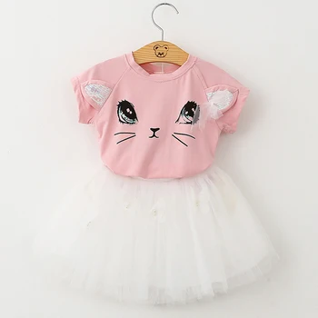 

2020 Summer Girls' Clothing Sets Cute Fashion Princess Girl Animal T-Shirt +Gauze Skirt 2PCS Kids Clothes Set Children Clothing