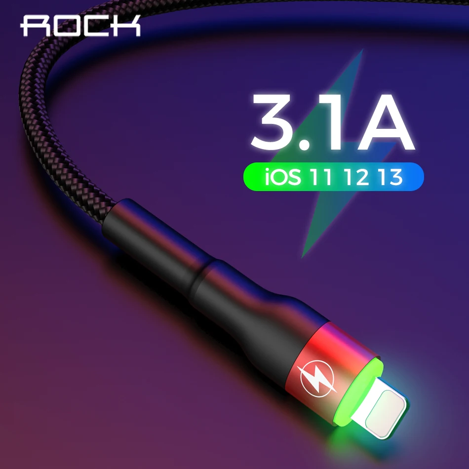 ROCK SPACE 1m 2m 3.1A Hi-Tensile USB Cable For Apple iPhone 11 PRO X XS 8 7 6 Plus Fast Charger Data Cable Charge Sync