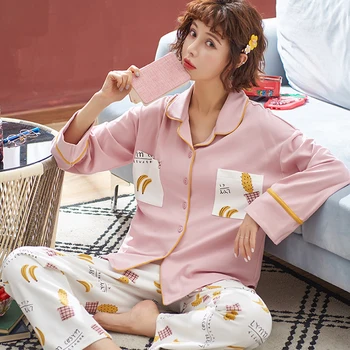 

Autumn Ins Girl Korean Pajamas Turn Down Neck Cartoon Print Long Sleeve Pocket Blouse Loose Trousers Cotton Soft Female Homewear