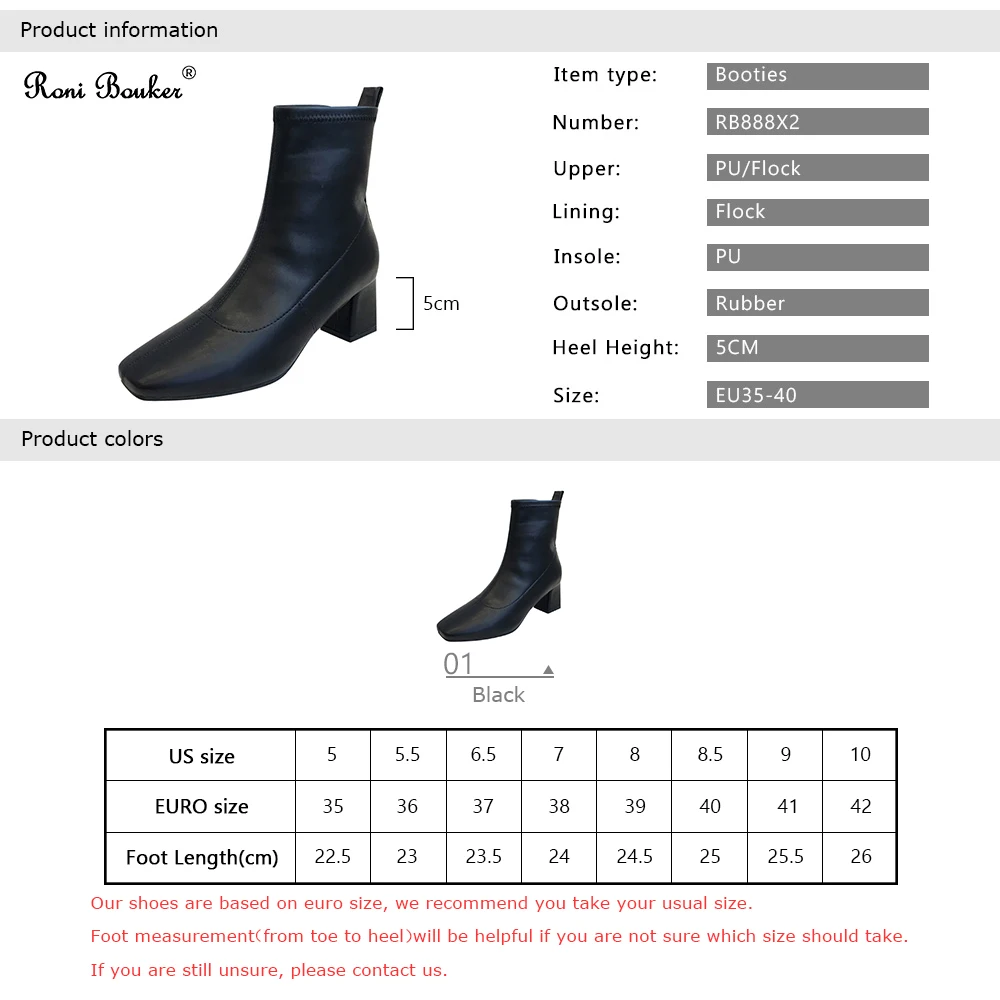 Roni Bouker Autumn Winter High Heels Shoes Woman Square Toe Ankle Boots Women Fashion Flock Leather Booties Female Botas Mujer40