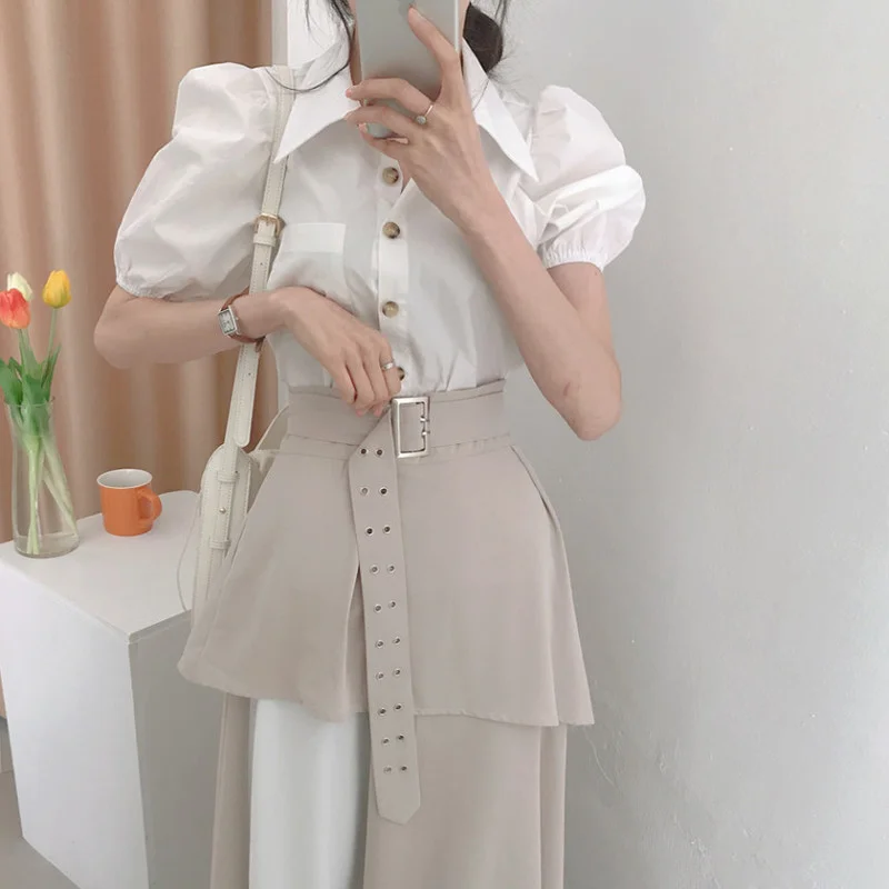 Elegant Temperament White Puff Short Sleeve Blouse Lapel Shirts Tops Contrast Fake Two-piece Pleated Skirts Patchwork Sets |