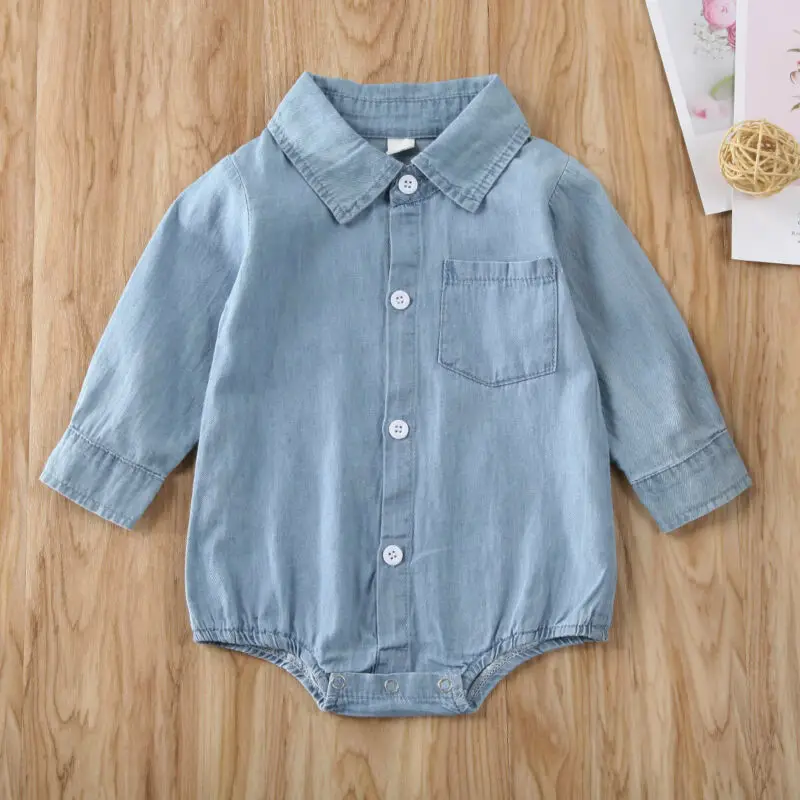 

CANIS Toddler Baby Girl Boy Denim Long Sleeve Button Solid Color Bodysuit Playsuit Jumpsuit Outfits Clothes