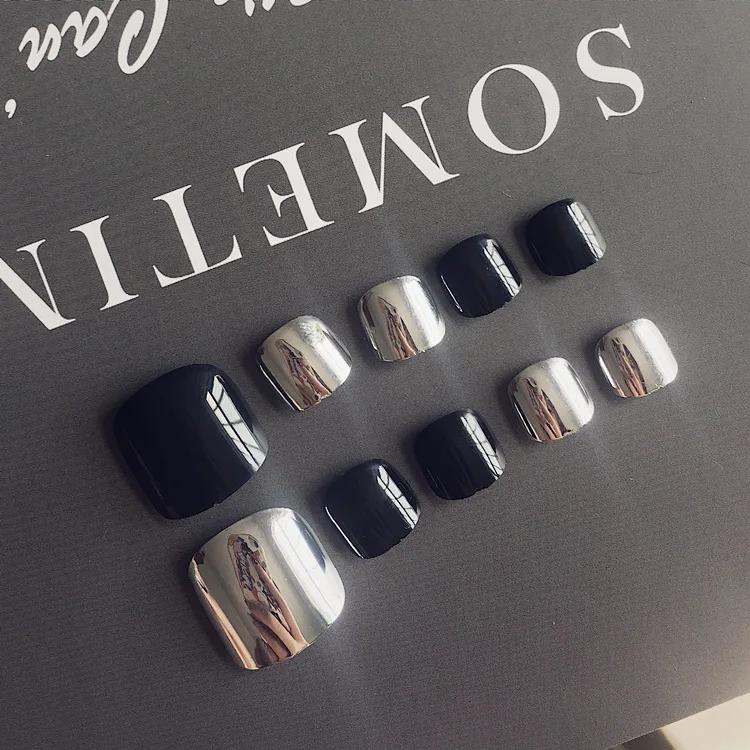J-002, серебро+ черный цвет, маникюр, панк, мода, летний день, ногти, готовая продукция, пластырь для ног, 24 шт