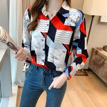 

Women's Shirt Elegant Korean Style Loose Tunics 2021 Casual Office Commuter Shirt Spring Autumn Printed Chiffon Up Collar Blouse