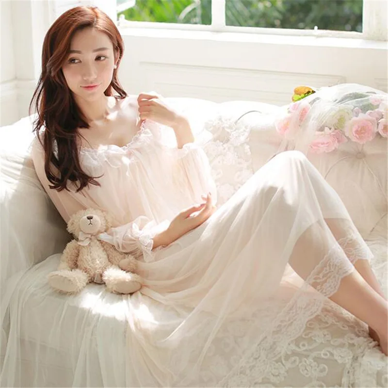 Nightclothes Womens Soft Long Nightgowns Female Sweet Princess Sleeping Home Dress Lady Lace Sexy White Nightdress bathrobe
