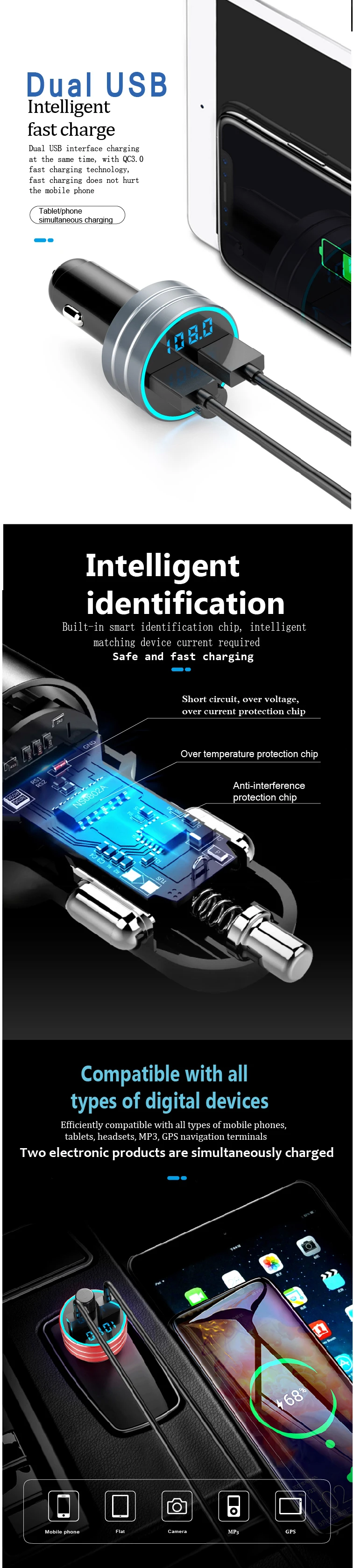 Автомобильный Bluetooth 5,0, fm-передатчик, беспроводной, громкая связь, аудио приемник, авто MP3 плеер, двойной USB QC3.0, быстрая зарядка
