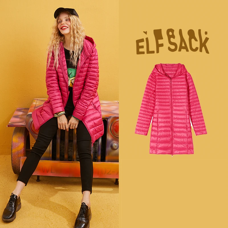 Long Short Rose Red ELFSACK, ультра светильник, 80% белый утиный пух, пальто для женщин, сплошной цвет, короткая тонкая куртка, Осень-зима, теплая тонкая верхняя одежда - Цвет: Long Short Rose Red