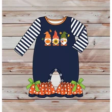 

Autumn Girls Clothes Navy Blue Striped Long Sleeves Green Bow Three Old Men Holding Pumpkins Embroidered Toddler Baby Rompers