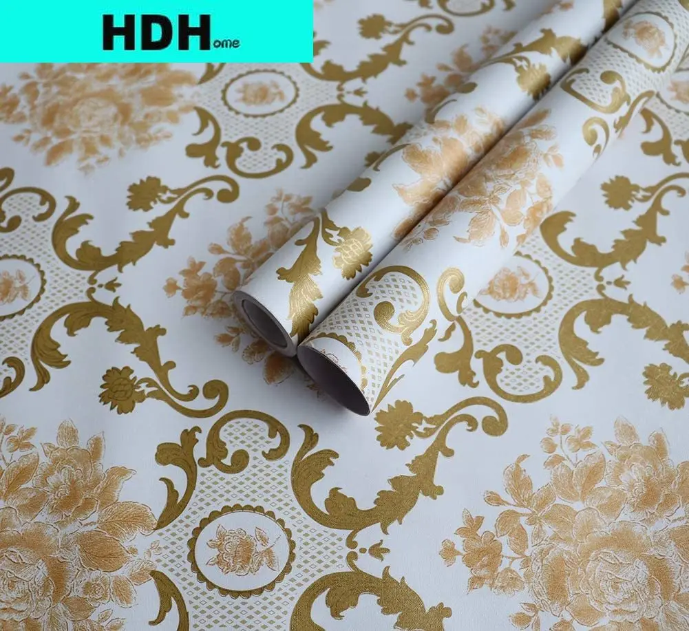 Золотистые Дамасские обои HDHome самоклеящиеся с рисунком цветов