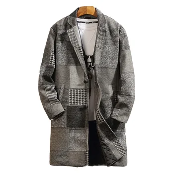 

Men Faux Wool Trench Coat Lapel Checked Jacket Plaid Tweed Overcoat Warm Winter Parka Fashion Coffee Grey Jacket 923-591