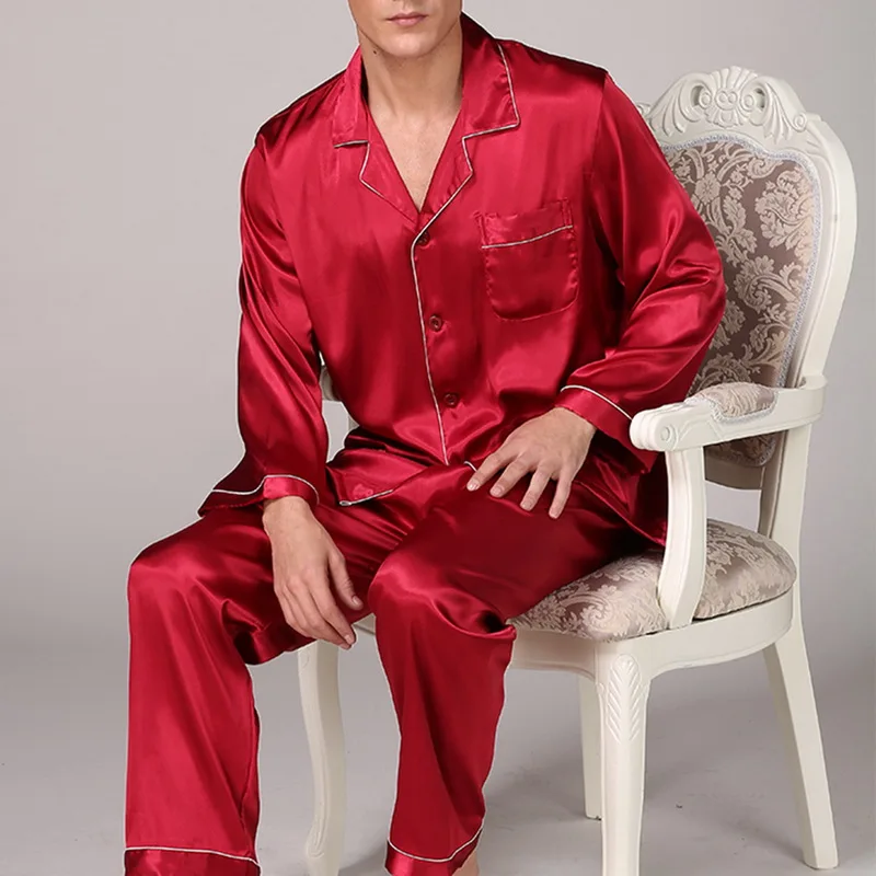 Men's Stain Silk Pajama Set Men's Sleepwears Men Sexy Soft Homme Cozy