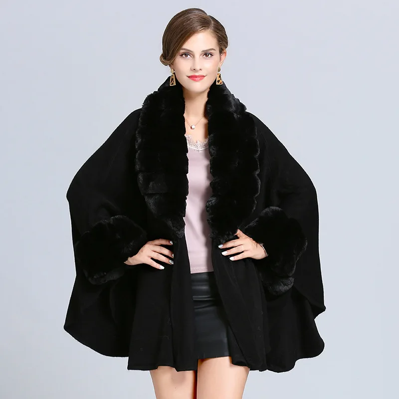 Модная женская меховая накидка с широкими лацканами, зимняя Новинка, свободная Вязаная кашемировая накидка, кардиган, роскошное пальто из искусственного меха, пончо 950 г