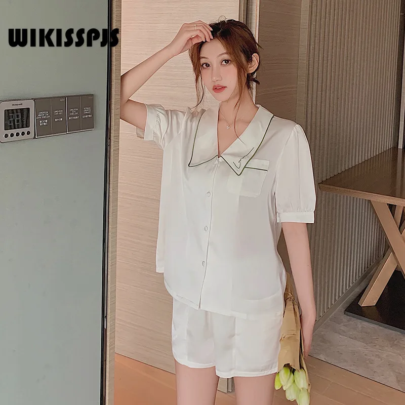 

WIKISSPJS Summer Women's Lapel Embroidered Short Sleeve Shorts Set Pajamas Home Suit Sleepwear Lounge Wear Sleep Tops