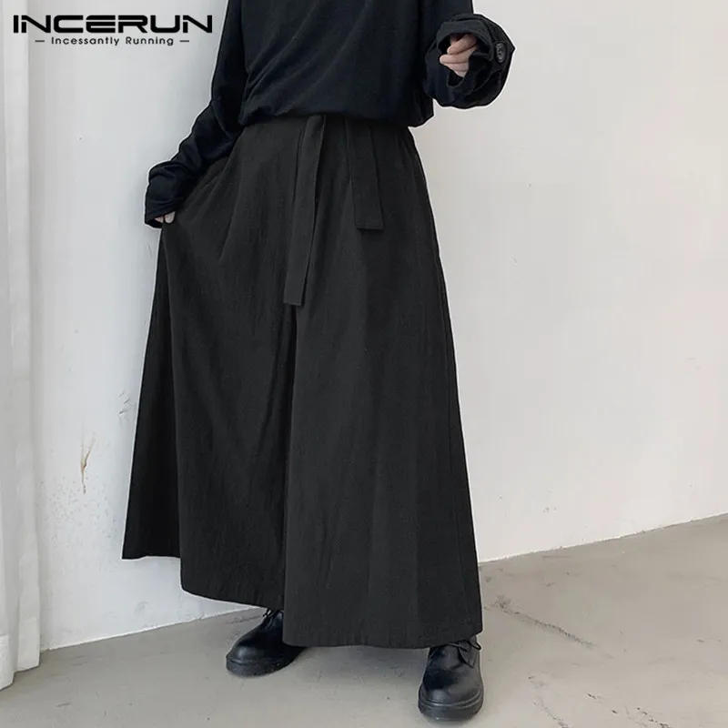 Vintage Men Wide Leg Pants Streetwear Lace Up Joggers Cotton Solid Baggy Casual Trousers Men Long Pants Plus Size wide leg pants