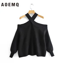 AOEMQ модные свитера, белые/черные однотонные сексуальные женские свитера с открытыми плечами, вязаные весенние свитера с перекрестным бантом на воротнике