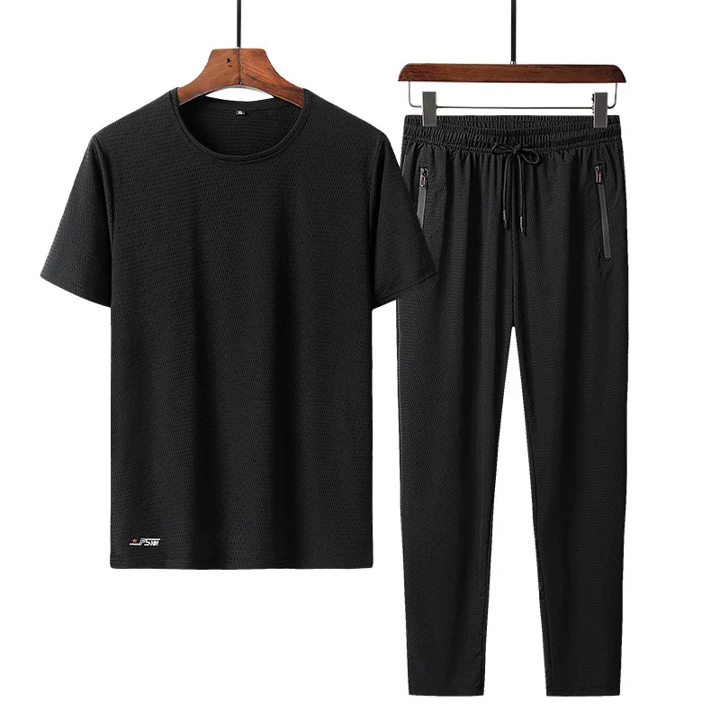 

Breathable Ice Silk Men's Set Mesh Casual Sportswear Suit Loose Large Size Hollow Short Sleeve T-shirt Long Pants Two-piece Set
