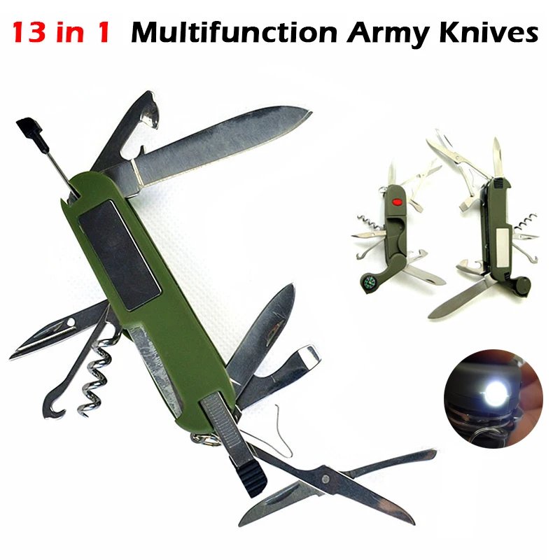 

Multifunction Army Knives Outdoor Camping Survival EDC Pockets Tool with LED Light Compass Swiss Folding Knife Stainless Steel