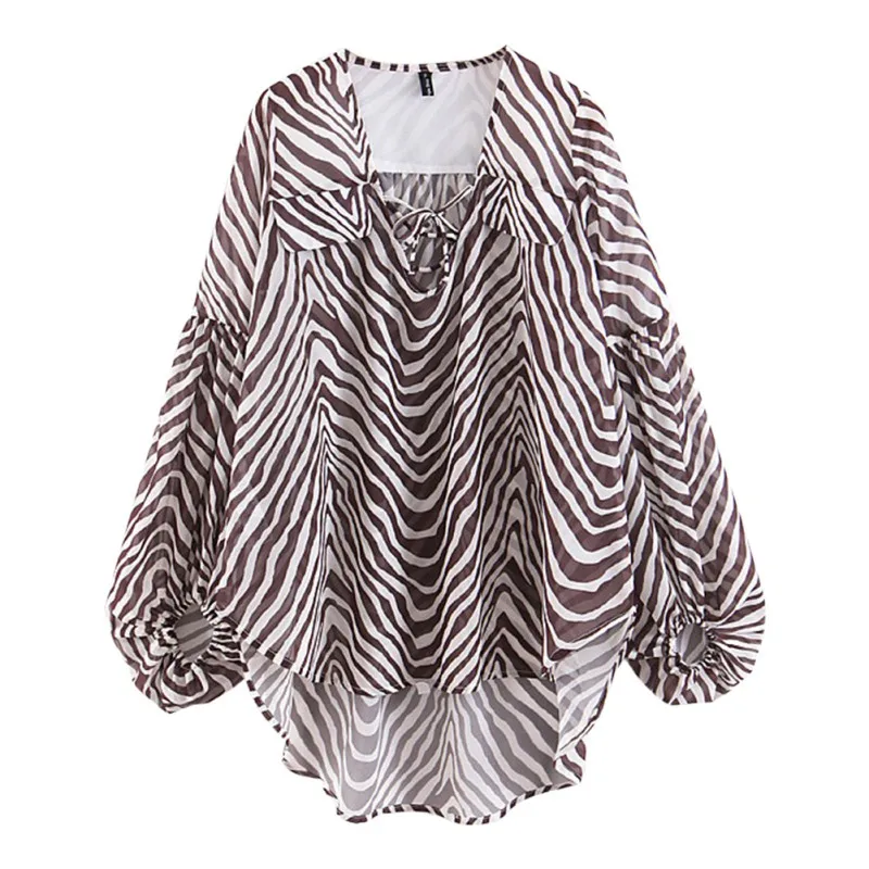 

Blouse Women Zebra Striped Shirts Fashion Lantern Long Sleeve V-Neck Blouse Summer Casual Tops Elegant Lace Up Chiffon Blouse