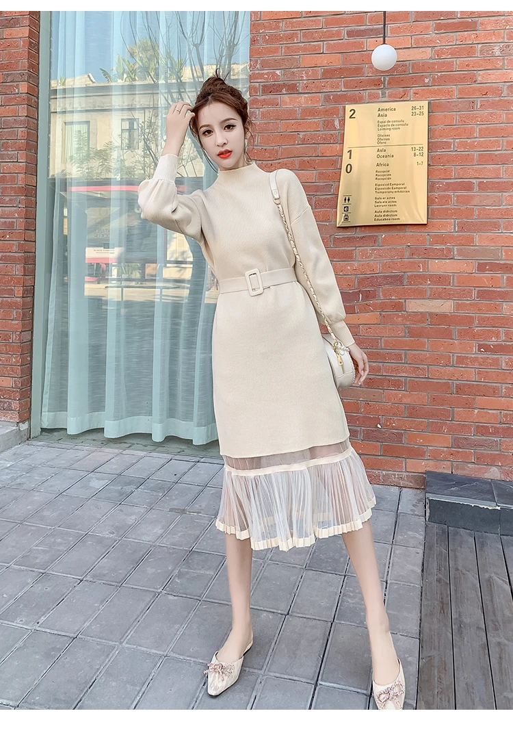 As Picture Show Вязаные Лоскутные сетчатые Модные платья с длинным рукавом и круглым вырезом и оборками с высокой талией, женские осенние зимние Элегантные вязаные платья - Цвет: As Picture Show