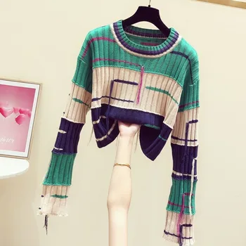

Color Block Striped Tassel Short Pullovers Female Sweaters 2019 New Autumn Winter All-match O Neck Casual Women Knitting Top