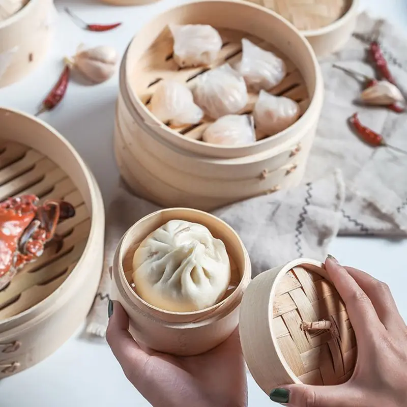 4 Inch itchen Bamboo Steamer Basket Asian Food Steamer for Dim Sum Dumplings T8WE