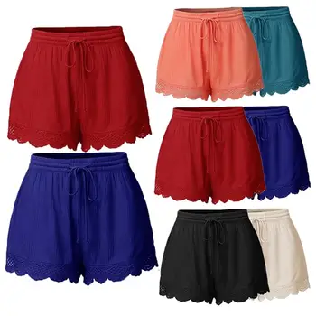 

Casual Women Solid Color Lace Trim Short Pants Elastic Drawstring Waist Shorts