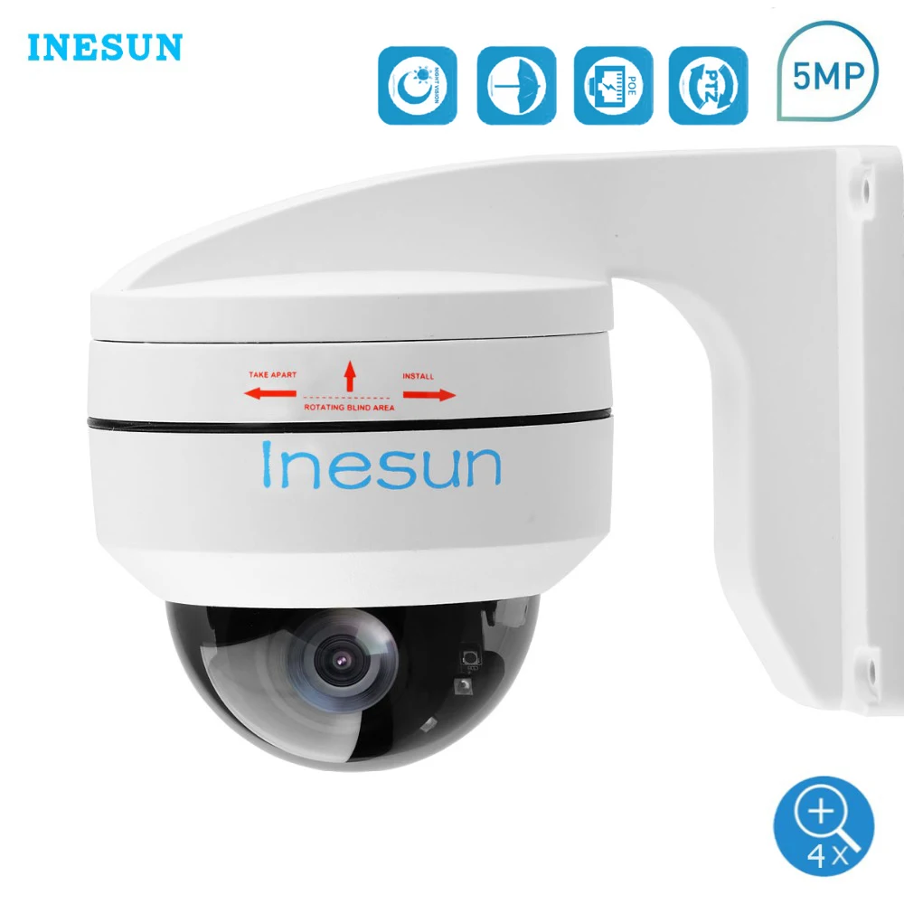 Inesun открытый 5MP ptz камера с поддержкой PoE ip видеонаблюдения Wi Камера 2560x1920P Super HD 4X оптический зум купольная