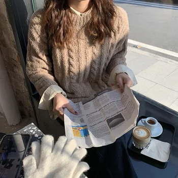 

Half flannelette, ramie, cotton candy sweater, women's 2019 winter Korean thickened warm knit sweater