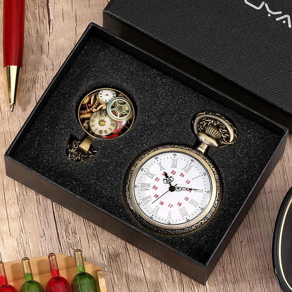 Simple Pocket Watch Set Men's Quartz Watch Roman Numeral Dial Women's Pendant Clock Alloy Necklace with Accessories Gifts Box