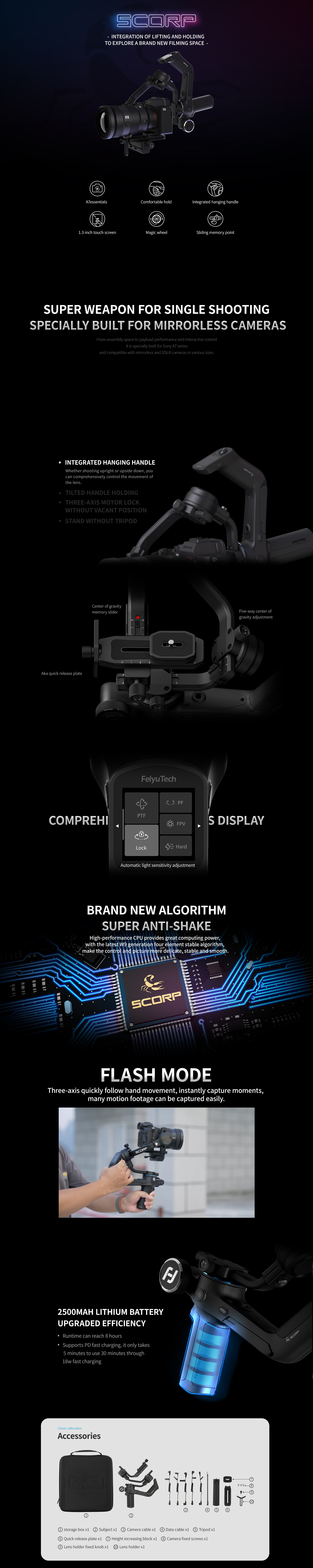 FeiyuTech Feiyu SCORP 3-Axis Handheld Gimbal Stabilizer Handle Grip Display Screen for DSLR Camera Sony/Canon with Pole Tripod