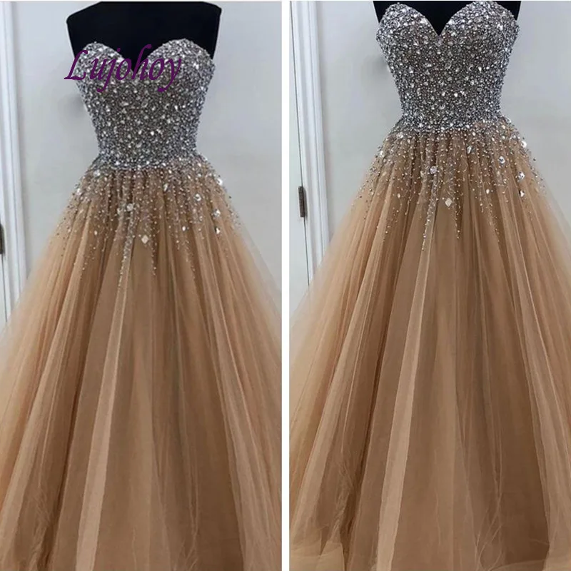

Luxury Long Evening Dresses Party Plus Size Champagne Crystal Women Ladies Sexy Prom Formal Evening Gowns Dresses